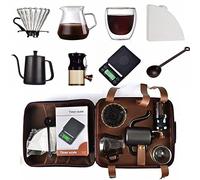 LMPN Hand Coffee Gift Set, V60 Filter Cup Strainer, Portable Coffee Kit Maker, Mannal Grinder, Dripper, 600ml Kettle, Glass Server, 250ml Mug, Timer Scale, Travel Bag