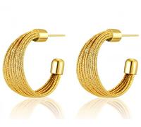 LMQLMK Hoop Earrings, 14K Gold Plated Zinc Alloy, Hypoallergenic, Multi-Layer Brushed, Chunky C-Shaped, Women's Fashion Earrings