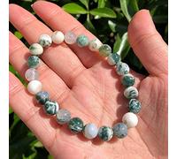 LMRJHAZ Charm jewelry Gemstone Bracelet,Beaded Bracelets Natural Round Green Tree Agate Beads Bangles Elastic Crystal Bracelet Fashion Crystal Jewelry for Men Women