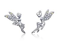 LMRJHAZ CZ Fairy Stud Earrings for Women Girls S925 Sterling Silver Silver-Tone Asymmtric Two-Tone Cubic Zirconia Crystal Tinkerbell Angel Wings Tiny Stud Hypoallergenic Jewelry Gifts for Daughter
