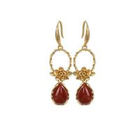 LMRJHAZ Earrings for Women, Chinese Style Eardrop Earrings S925 Sterling Silver Gold Plated Southern Red Agate Personality Drop Shape Retro Peony Flower Female Earrings As Shown