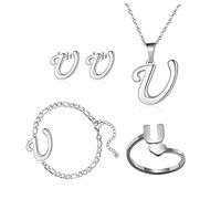 LMRJHAZ jewelry 4 Pack Stainless Steel Initial Jewelry Sets for Women Silver Rings Bracelet Earrings Pendant Uppercase Choker Chain Ear Studs Jewelry Gift for Jewelry for girls