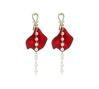 LMRJHAZ sparkling side jewelry red rose flower long pendant women's elegant tassel earrings