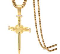 LMRJHAZ TUHE Hip Hop Nail Cross Faith Pendant Necklace for Men Women, 18K Gold Plated AAA CZ Iced Out Simulate Diamond Accents Bling Bling Charm Necklace with Stainless Steel Rope Chain in Platinum