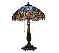 LMRJHAZ Vintage Table Lamps Blauw Rood Dragonfly Stained Glass Lampshade And Pull Chain Switch 16 Inch Wide 23 Tall For Bedroom Living Room Coffee Needed