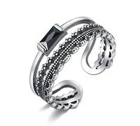 LMRJHAZ Women Adjustable Open Rings - Women's Double Layer Wide Ring - S925 Lace Hollow Open Finger Ring,Inlaid Obsidian Stackable Ring