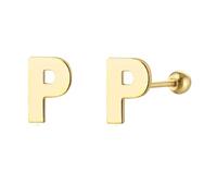 LMRJHAZM 18G Tiny Initial Stud Earrings for Women Girls 925 Sterling Silver 14K Gold Plated Hypoallergenic Cute Small Alphabet Letter Cartilage Tragus 3mm Ball Screw Back Piercing Sensitive Ear