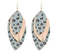 LMRJHAZM Boho Layered Leather Leaf Earrings for Women Vintage Leopard Print Long Big Summer Statement Drop Dangle Hook Stud Lightweight Vintage Bohemian Beachy Jewelry (Blue)