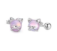 LMRJHAZM Lovely Heart Cat Earrings 925 Sterling Silver CZ Tiny Kitten Animal Stud Earrings for Women Hypoallergenic Cute Round Pink Moonstone Cartilage Tragus Ball Back Barbell Ear Helix Conch Rook