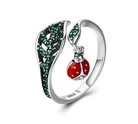 LMRJHAZM Women Adjustable Open Rings - Women's Adjustable Ring Resting Ladybug Dangle in Tree Leaves Handmade Open Ring Girls Birthday Gift Jewelry