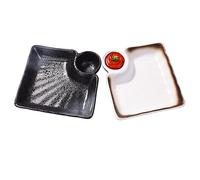 LMRLCS Japanese Sushi Plate 7 Inch Square Dumpling and Dessert Plates with Vinegar Dish Serving Trays Set of 2 for parties Microwave and Dishwasher Safe, Black and White