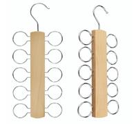 LMSAWK 2 PCS carf Hanger Wooden, Scarf Holder for Closet Organizer and Storage, Tie Hanger Scarf Rack, Space Saving Hangers with 10 Loops for All Scarves, Ties, Belts (Wood Color)