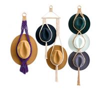 LMSAWK 3 Pcs Hanging Display Hand Weaving, Macrame Hat Hangers, Boho Hat Organizer Rack, Macrame Hat Rack, for Wide Brim, Cowboy, Fedora, Straw and Panama Collections