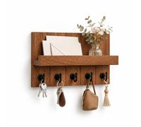 LMSAWK Decor Wood Key Rack, Key Holder for Wall, Farmhouse Wall Shelf with 5 Hooks, with Adhesive Drilling Templates, for Entrance Areas, Front Doors, Hallways, Bedrooms