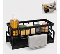 LMSAWK Kitchen Sink Organiser Sink Caddy, Carbon Steel Sponge Holder with Removable Dish Cloth Hanger, Organises Sponges, Dish Cloths and Sink Accessories for Kitchen and Bathroom, Black