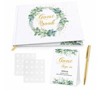 LMSAWK Wedding Guest Book Set, 120 Pages Guest Book with Guest Card, Metallic Pen and Stickers, White Linen Hardcover, Greenery Gold Foil for Wishes and Important Moments