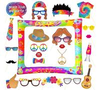 LMSHOWOWO 25PCS Hippie Photo Booth Props, Retro Groovy Inflatable Hippie Selfie Frame, 1960s 1970s Hippie Accessories for Hippy Party 60s 70s Fancy Dress Carnival Masquerade Photography