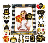 LMSHOWOWO 30PCS 18th Birthday Photo Booth Props, Black Gold Inflatable Photo Booth Frame, Giant Party Selfie Frame, Funny Selfie Props for Boys Girls 18th Birthday Party Decorations Gifts