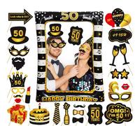 LMSHOWOWO 30PCS 50th Birthday Photo Booth Props, Black Gold Inflatable Photo Booth Frame, Giant Party Selfie Frame, Funny Selfie Props for Men Women 50th Birthday Party Decorations Gifts