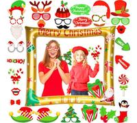 LMSHOWOWO 32pcs Christmas Photo Booth Props, Xmas Party Inflatable Photo Booth Frame, Gold Inflatable Selfie Frame, Blow Up Picture Selfie Props Accessories, for Christmas Party Decorations