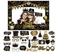 LMSHOWOWO 38PCS Black Gold Glitter Birthday Photo Booth Props and Giant Paper Photo Booth Frame, Funny Selfie Props, Personalised Selfie Frame, for Birthday Party Decorations Men Women