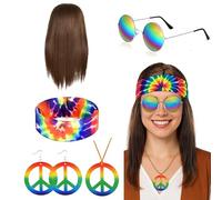 LMSHOWOWO Hippie Costume, 5 Pcs Hippie Accessories Set with Brown Wig Sunglasses Peace Necklace Earrings and Tie Dye Headband, 60s 70s Fancy Dress for Men Women, for Hippy Disco Cosplay Themed Party