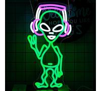 LMSIGNLY Alien Neon Sign for Wall Decor Green Alien Music Neon Light Dimmable Cool Purple Headphone Skull LED Light Up Sign for Music Studio Game Room Party Bar Man Cave Decoration