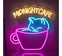 LMSIGNLY Midnight Cafe Neon Sign for Wall Decor Cute Cat Neon Light Dinmmable Cafe Neon Signs Pink Coffee Cup LED Neon Light Signs for Coffee Shop Bakery Dessert Shop Bar Restaurant