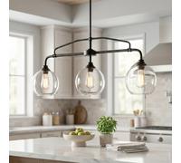 LMSOD 3 Lights Globe Pendant Light, Modern Hanging Lighting Fixture Matte Black Cluster Chandelier with Clear Glass Shades