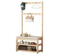LMTYBOC Modern Wooden Clothing Rack with Shoe Bench, Industrial Free Standing Coat Stand, 10/14 Hooks, Versatile Garment Hanging Rail for Bedroom, Office, Hallway, Living Room