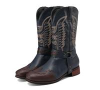 LMUIPMAA Men's Embroidered Cowboy Boots Belt Strap Mid Calf Riding Booties Low Block Heel Round Toe Western Boots,Blue,8.5 UK