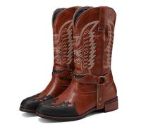 LMUIPMAA Men's Embroidered Cowboy Boots Belt Strap Mid Calf Riding Booties Low Block Heel Round Toe Western Boots,Black,4 UK