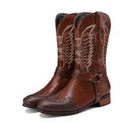 LMUIPMAA Men's Embroidered Cowboy Boots Belt Strap Mid Calf Riding Booties Low Block Heel Round Toe Western Boots,Brown,11 UK