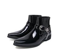 LMUIPMAA Men's Patent Leather Western Boots with Belt Buckle Chain Strap