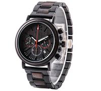 LMWING Men's Wood Wrist Watch Engraved Analog Quartz Chronograph Watch Stainless Steel Wood Watch Birthday Gift for Husband Boyfriend