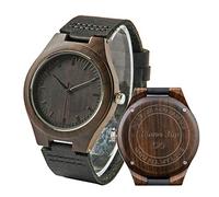 LMWOOD Engraved Wood Watch for Men Leather Strap Ebony Wooden Casual Watch Personalized Christmas Watch for Him