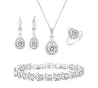 LMXXVJ Jewelry Set For Women,Platinum Plated Necklace Ring Earrings Bracelet Costume Jewelry Set Mother's Day Christmas Birthday Thanksgiving Day Gift for Mom/Wife, Copper, Cubic Zirconia