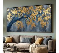 LMYCHENG Abstract Golden Tree Canvas Wall Art, Blue Gray Background, Leaf Posters Design, Nature Home Decor Oil Painting(40x70cm/Internal Frame)