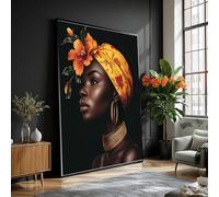 LMYCHENG African Woman Portrait Canvas, Yellow Floral Headwrap, Black Wall Art, Ethnic Home Decor, Ready to Hang Canvas Painting(50x70cm/Frameless)