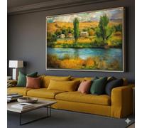 LMYCHENG Autumn Riverside Landscape Canvas, Country Homes Wall Art, Scenic Nature Painting, Fall Colors, Rustic Countryside Decor(21x30cm/Inner frame)