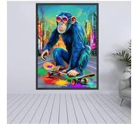 LMYCHENG Cool Blue Monkey on Skateboard Canvas, Street Art Style Home Wall Decor, Modern Urban Colorful Animal Painting(50x75cm/Frameless)