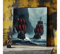 LMYCHENG Dark Ships Canvas Wall Art, Red Black Sails, Dramatic Ocean Scene, Nautical Wall Decor, Adventure Canvas Print Painting(30x30cm/Inner Frame)