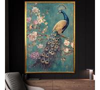 LMYCHENG Elegant Peacock Canvas Painting, Teal Gold Floral Wall Art Pictures, Vintage Bird Posters and Prints, for Chic Home Decor 20x30cm Frameless