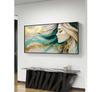 LMYCHENG Elegant Woman Profile Posters Art: Teal & Gold Abstract Female portrait Canvas Painting, for Bedroom Home Wall Decor(60x120cm/Internal Frame)