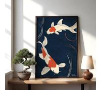 LMYCHENG Japandi Koi Fish Canvas Posters Print, Two fish Pictures,Navy Blue Asian Wall Art Mural, for Room Home Decor Painting 50x75cm framework