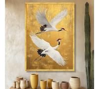 LMYCHENG Japanese Crane Canvas Painting, Gold Leaf Bird Wall Art, Elegant Posters Home Decor, Flying Red Crowned Cranes Artwork(30x40cm/Frameless)