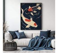 LMYCHENG JapanStyle Two fish Pictures，Koi Fish Canvas Posters Print, Navy Blue Asian Wall Art Mural, for Room Home Decor Painting 60x90cm Frameless