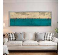 LMYCHENG Teal Abstract Wall Art Print, Panoramic Canvas Painting, Minimalist Horizon Line Tiny Figures Posters, Modern Large Decor(55x165cm/Frameless)