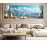 LMYCHENG Window a Sea View Painting Canvas Print, Morning Coffee Landscape Poster, Scenic Nautical Wall Art Mural Modern Home Decor(65x195cm/Frameless)