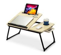 LN Cozy CORNE Foldable Laptop Desk, Height Adjustable Laptop Table with Cup Holder & Reading Holder, Portable Bed Tray Table for Sofa Bed Floor Suitable for Reading Working (Natural Wood, Upgraded)
